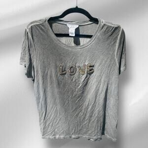 For The Republic Gray Heathered Rayon T-Shirt XL LOVE Rhinestone Accent Sparkly